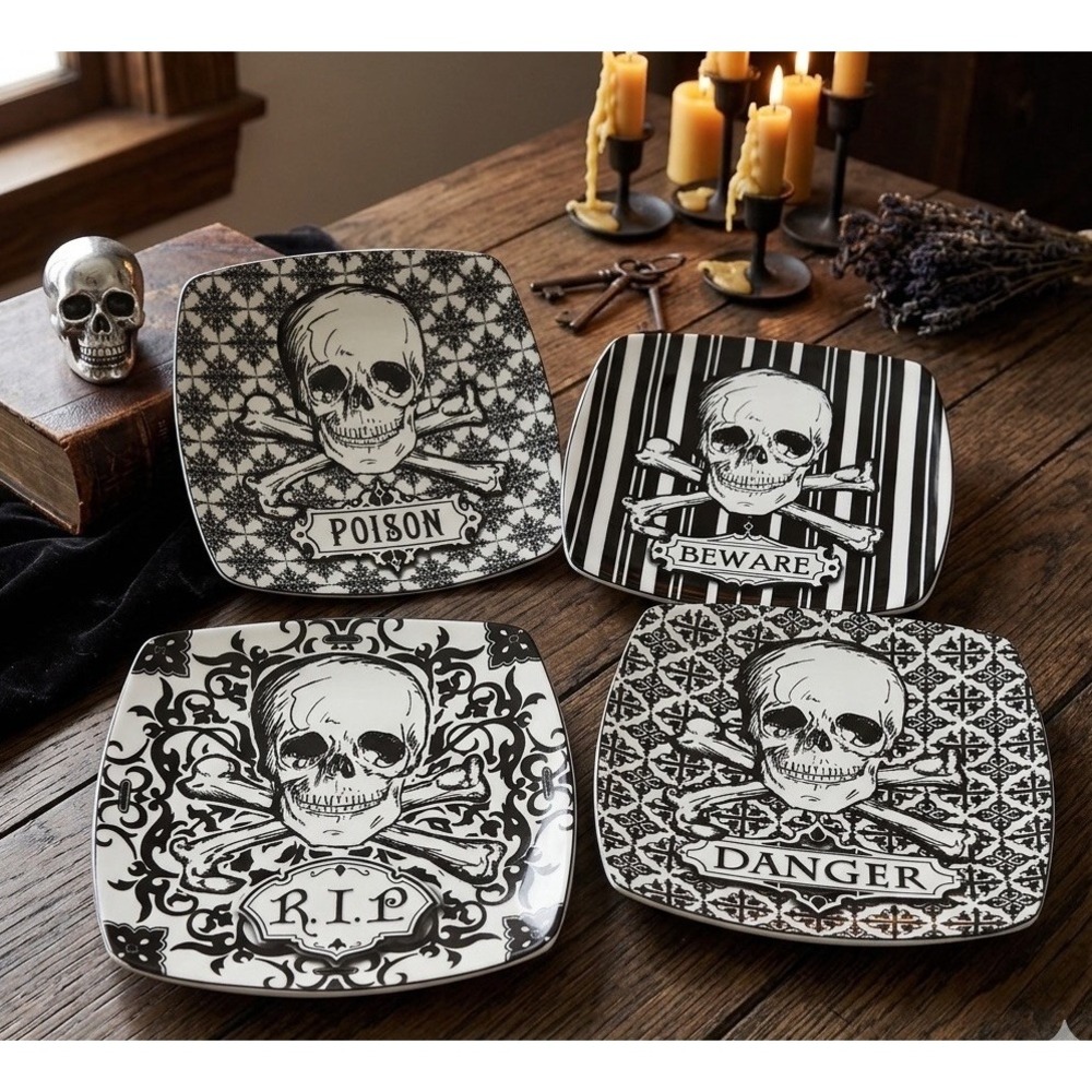 Set 4 HALLOWEEN SKULLS 6" Square Plates Dessert Appetizer Salad By 222 Fifth EUC